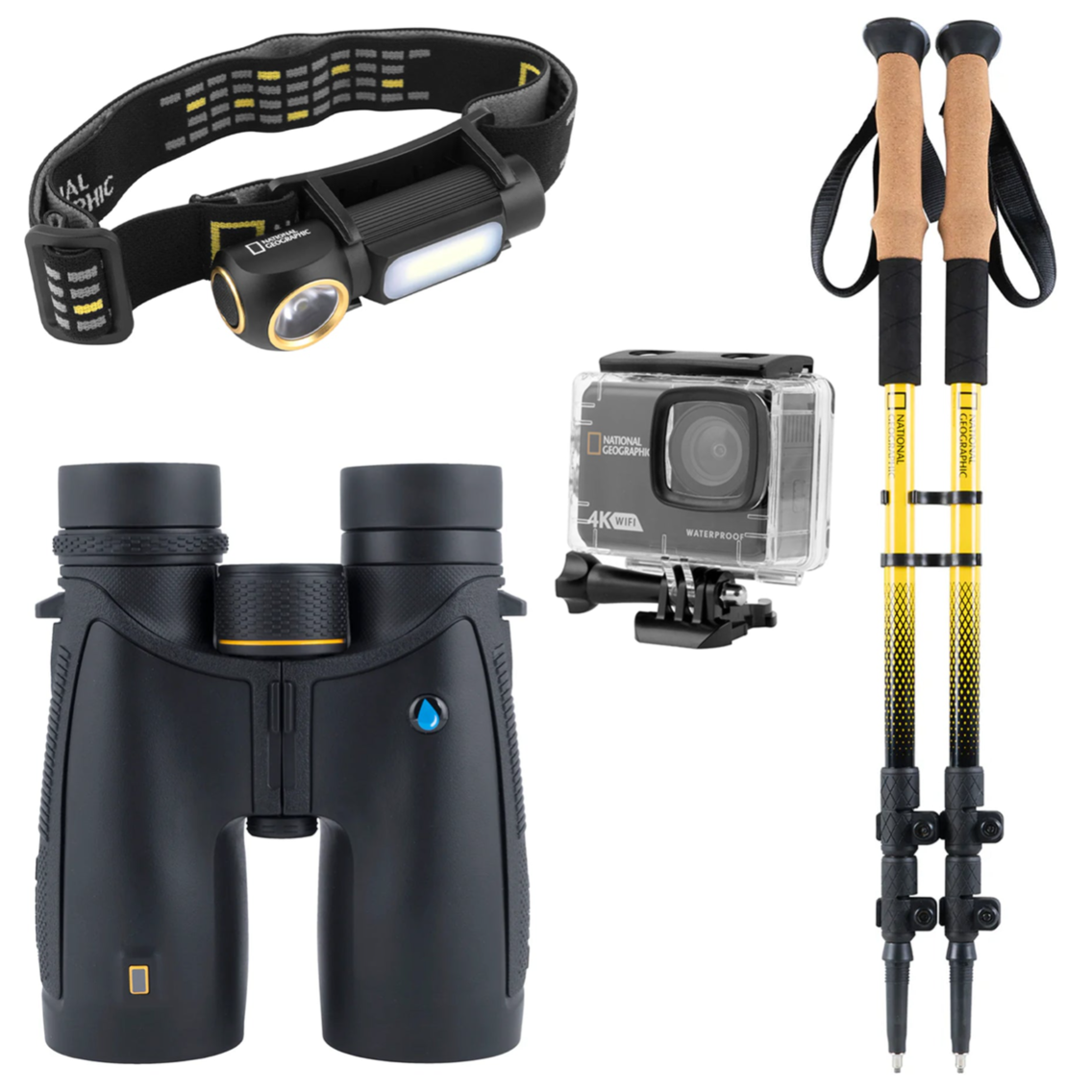 Bundle with trekking poles, 10x42 binocular, headlamp, 4k action camera