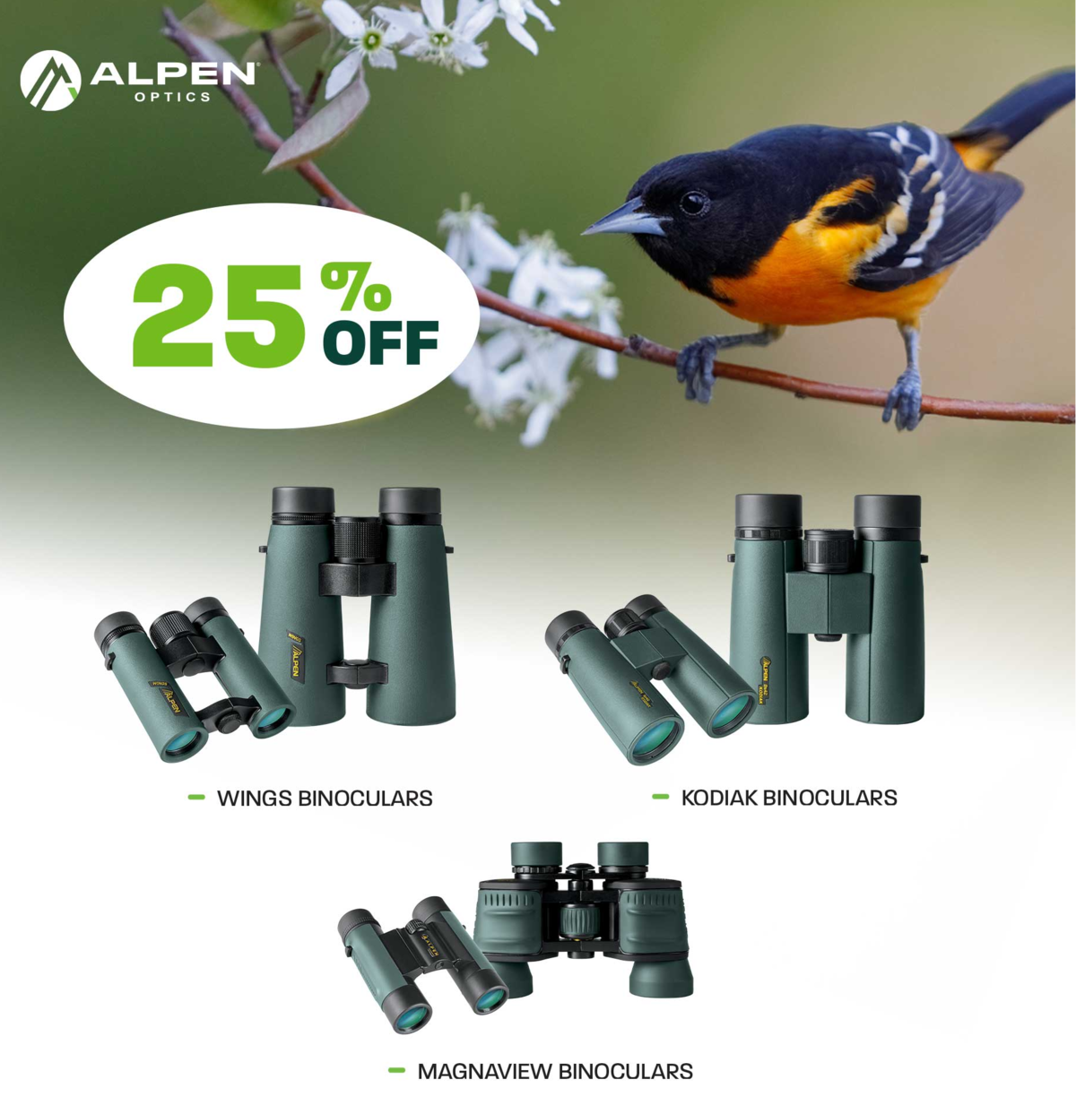 Alpen binoculars sale promotional image