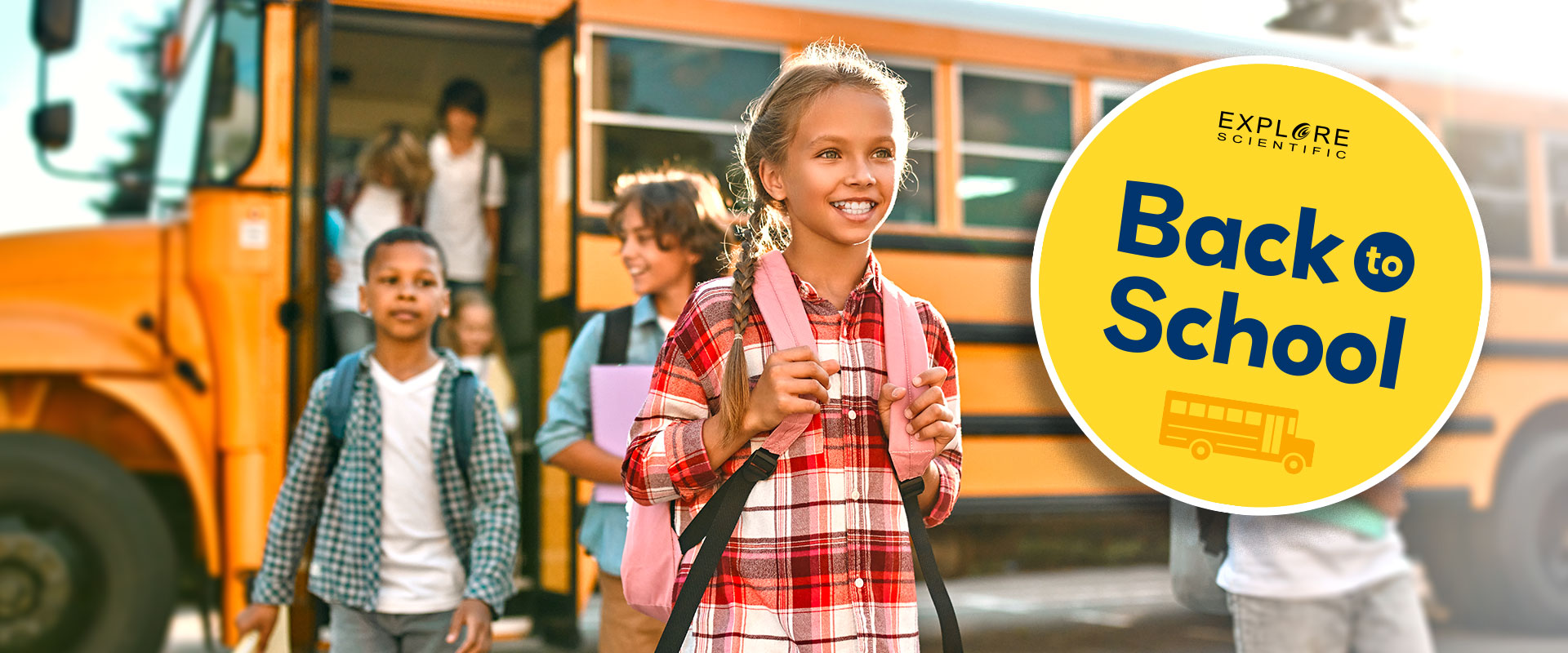 Back to School Promo image with students exiting a bus