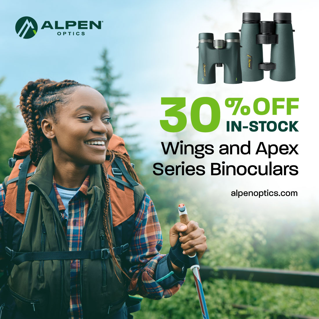 Wings & Apex binocular promo with hiker