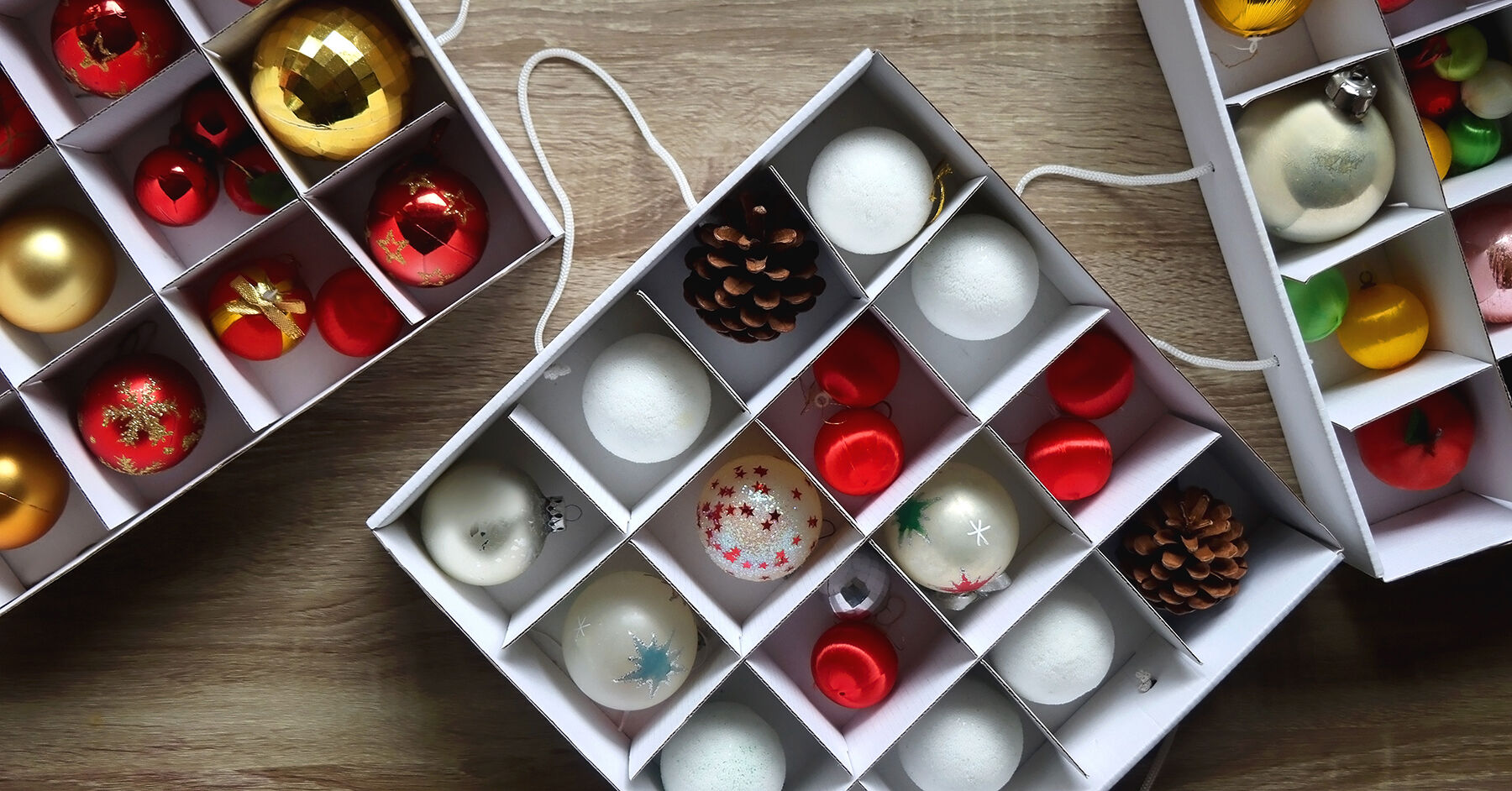 Holiday ornaments in boxes