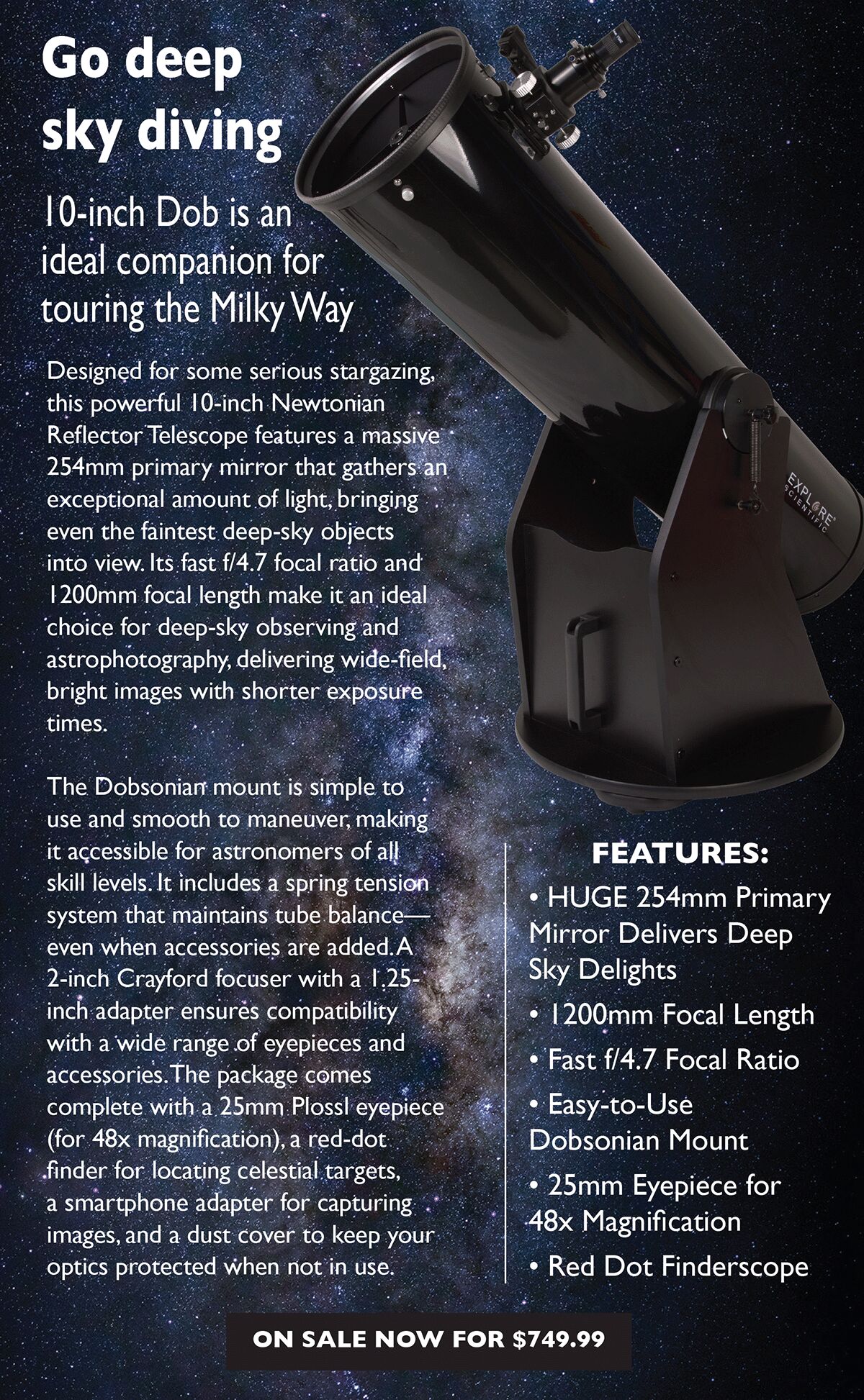 10-Inch Dobsonian Telescope on Milky Way background - now on sale